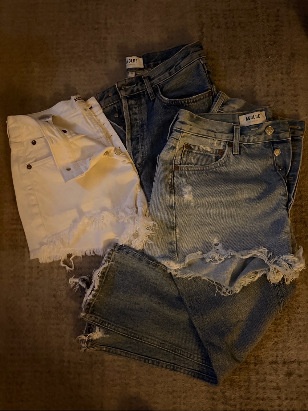Agolde High-Rise Distressed Jeans Trio — White, Light Blue, Dark Blue
